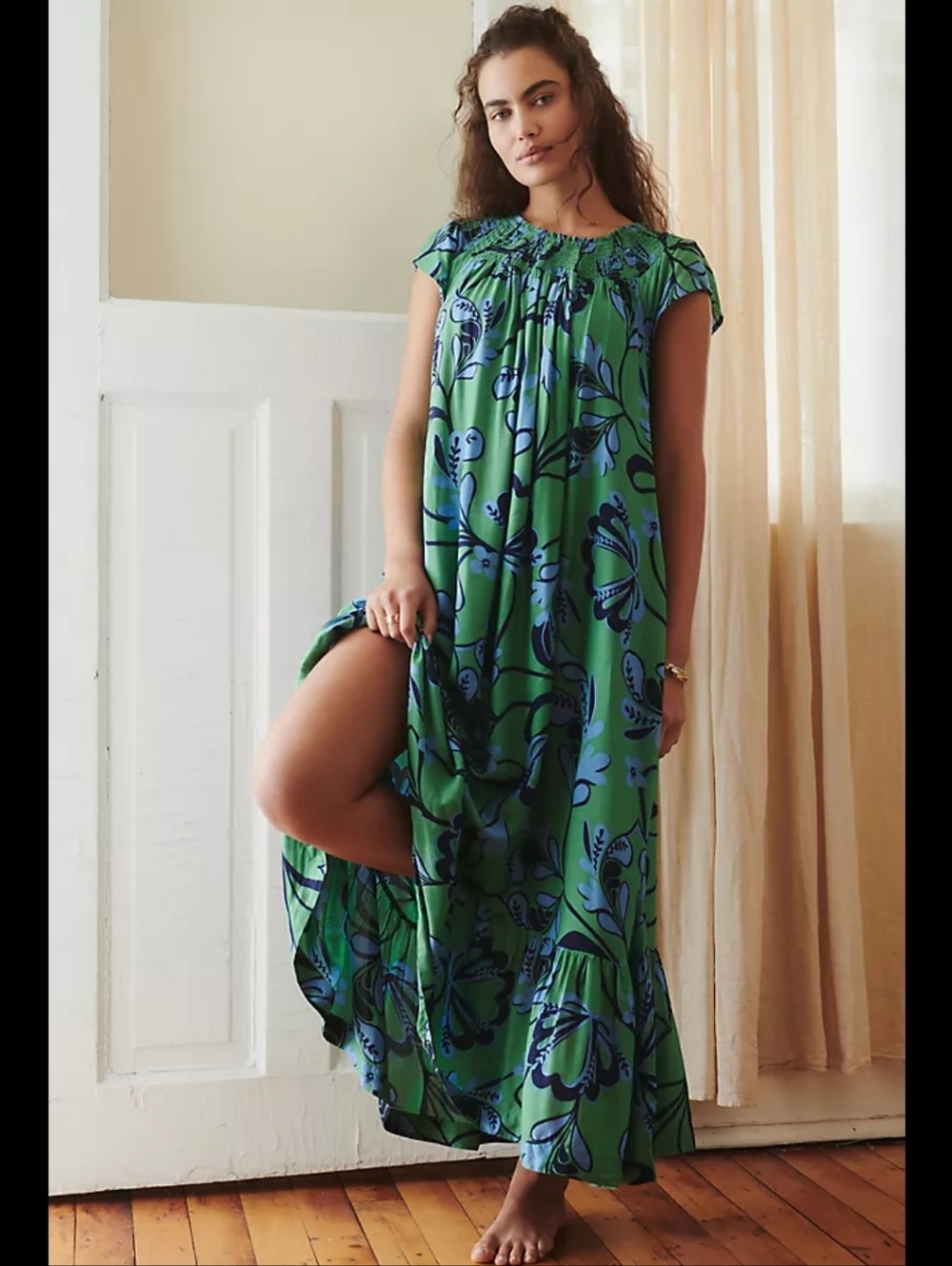 Anthropologie Green and Blue Floral Maxi Night Dress